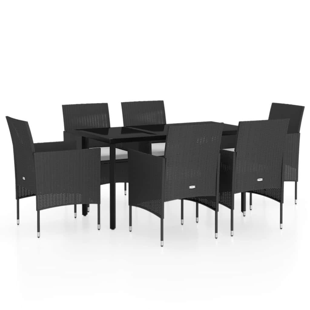 Black 7 Piece Garden Dining Set with Cushions and Glass Top
