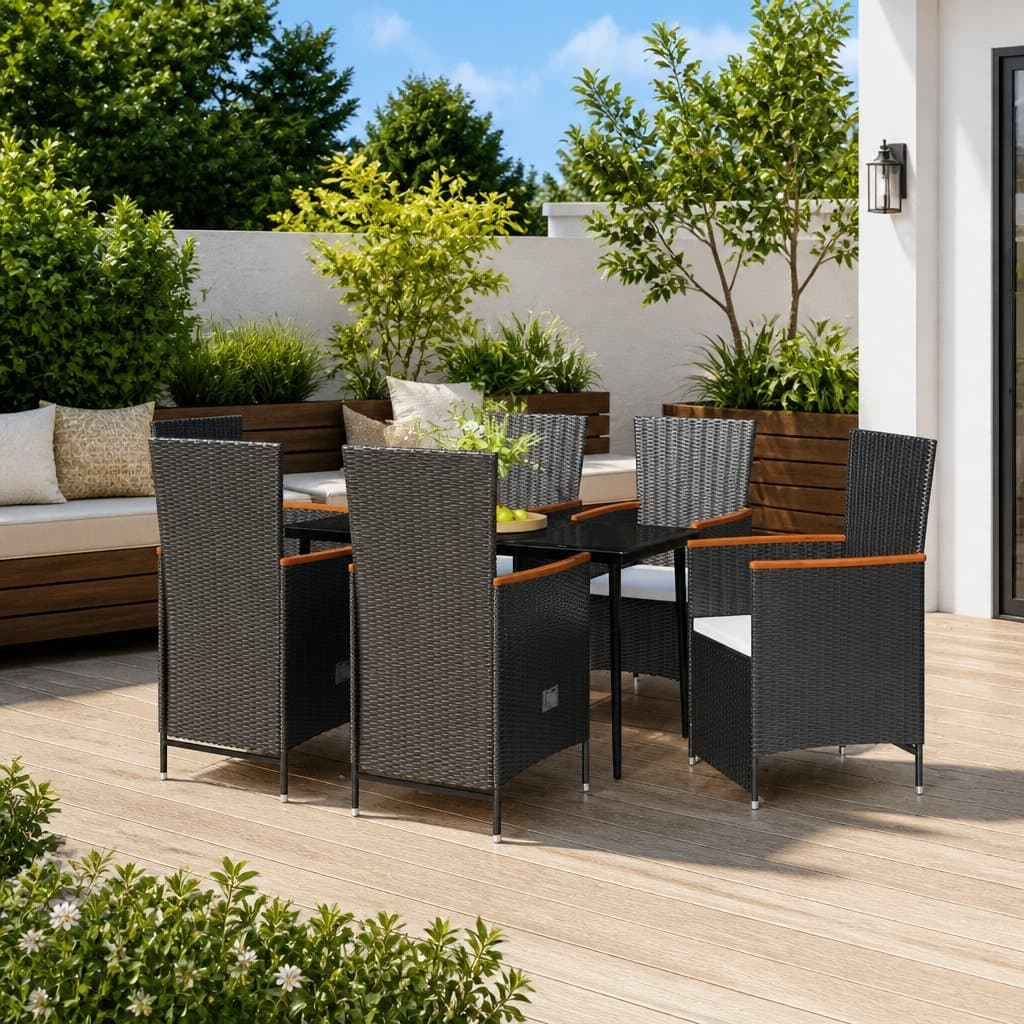 7 Piece Black Rattan Outdoor Dining Set with Glass Table