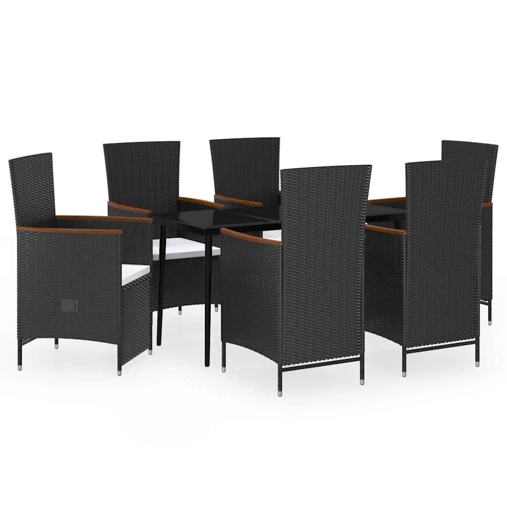 7 Piece Black Rattan Outdoor Dining Set with Glass Table