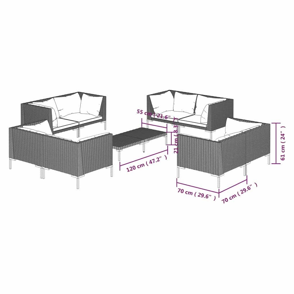 Garden Lounge Set 9 Piece Grey Rattan Patio Sofa with Cushions