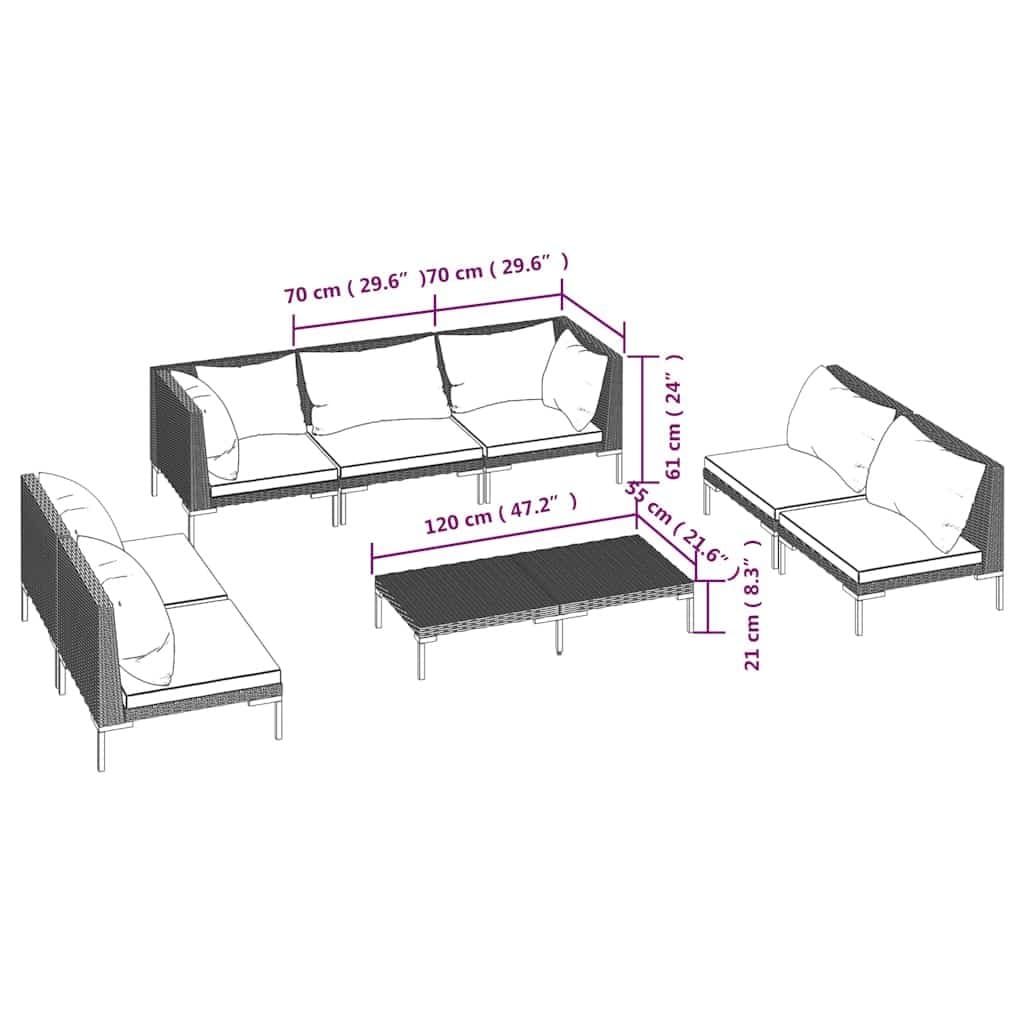 8-Piece Garden Lounge Set Grey Rattan Sofa