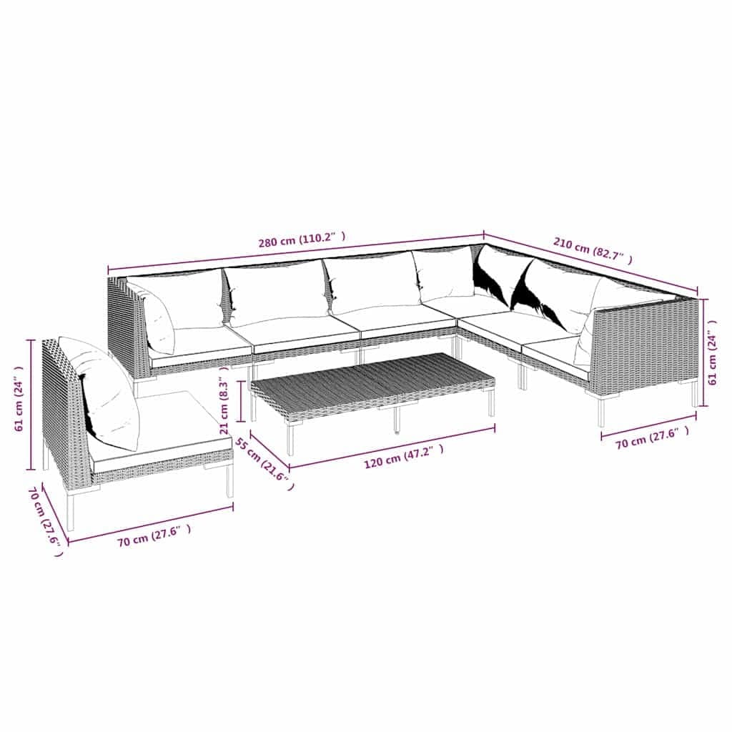 8-Piece Grey Rattan Garden Lounge Set with Cushions