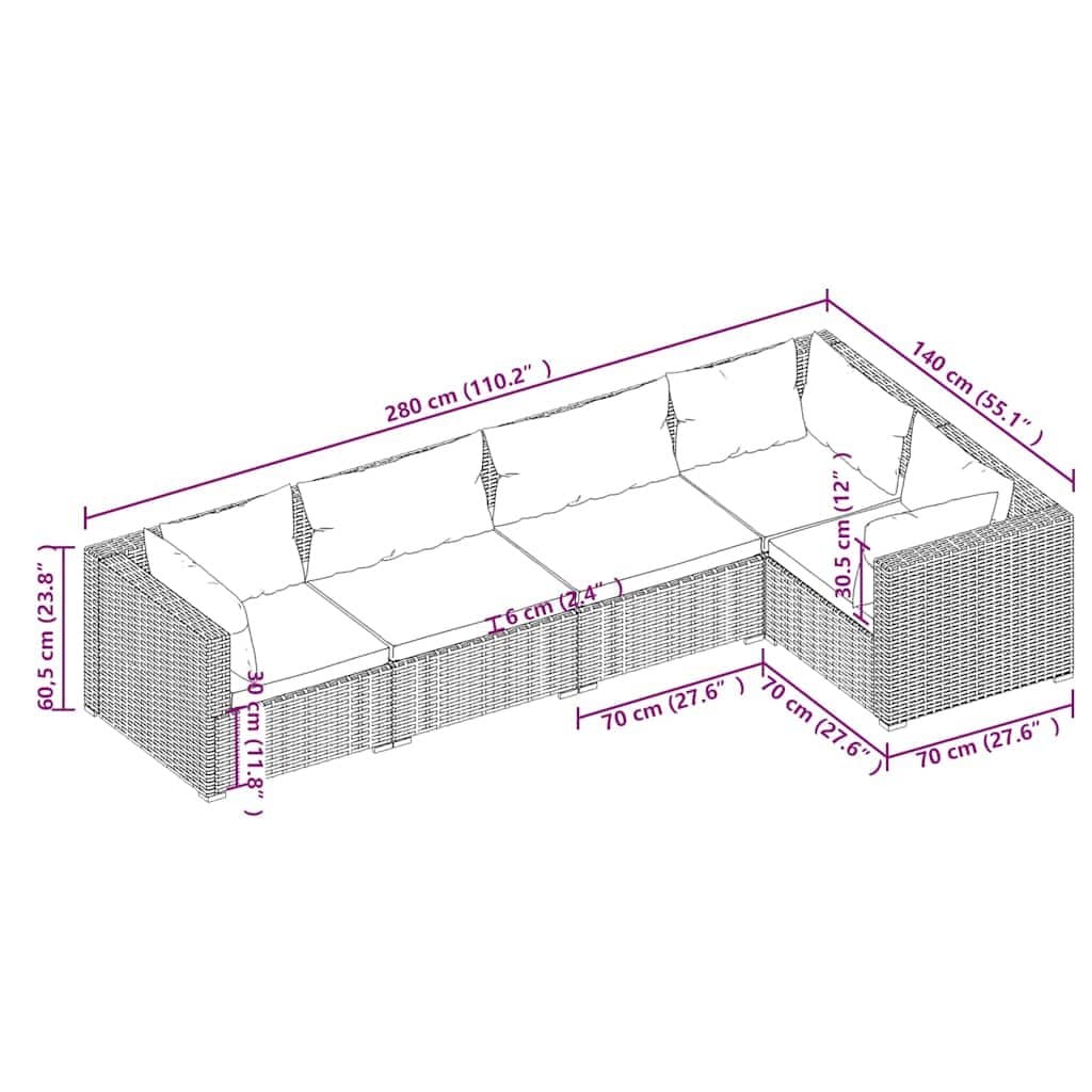 5-Piece Poly Rattan Garden Lounge Set in Grey with Cushions