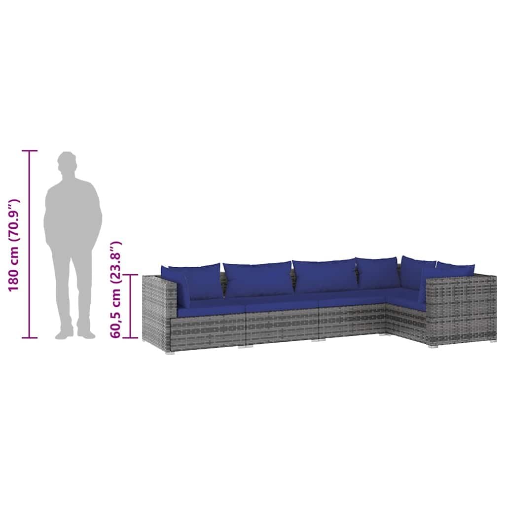 5-Piece Poly Rattan Garden Lounge Set in Grey with Cushions