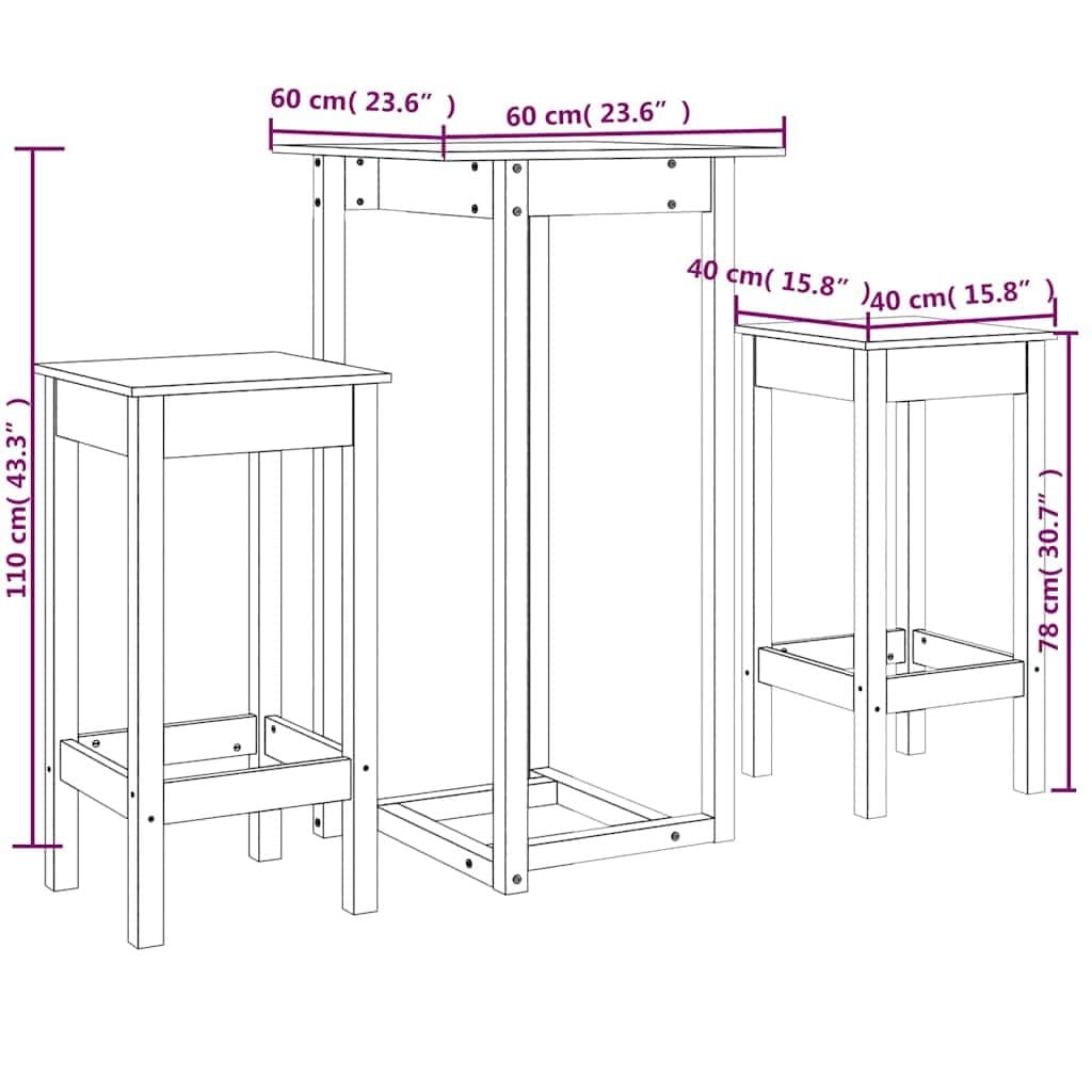 Solid Pine Wood 3 Piece Bar Set for Kitchen and Dining