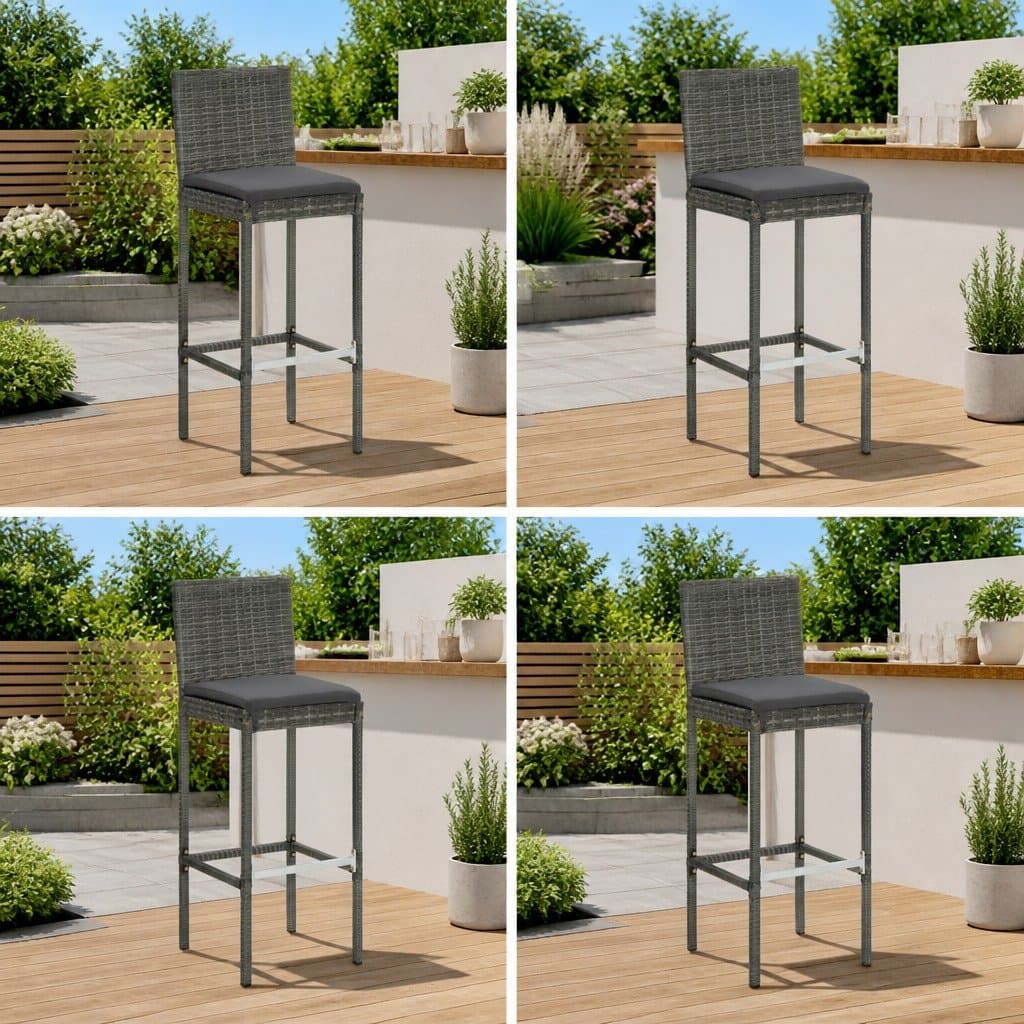 Grey Poly Rattan Outdoor Bar Stools Set of 4 with Cushions