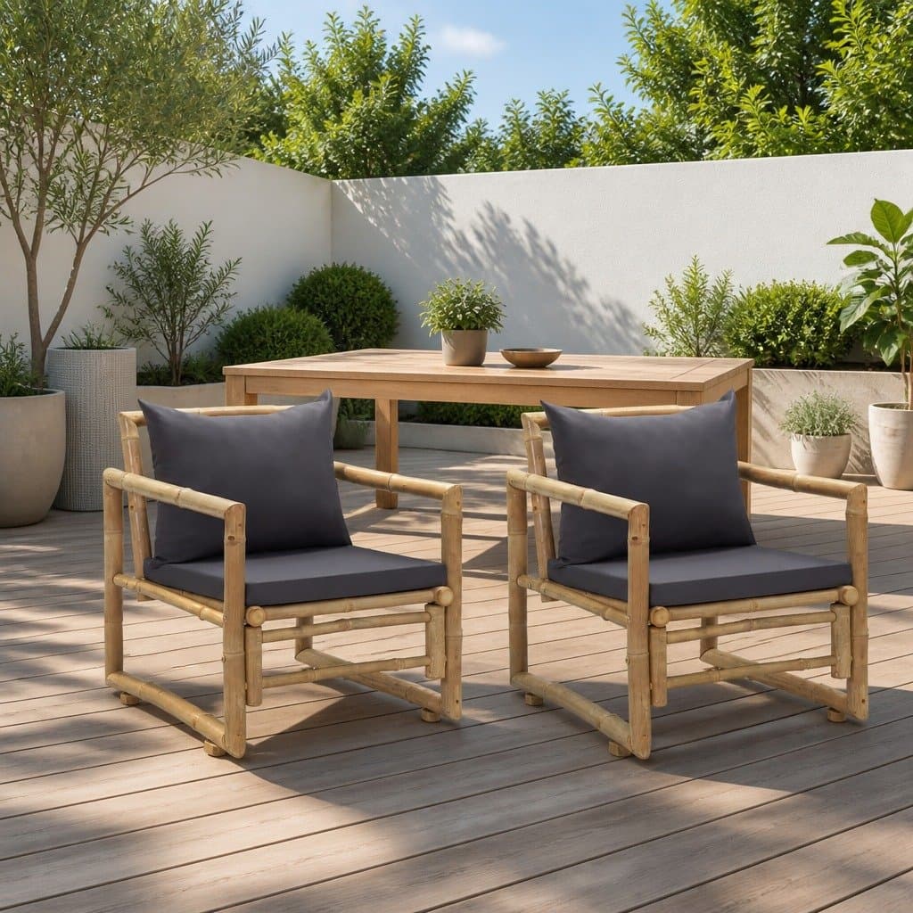 Bamboo Garden Chairs with Grey Cushions, Set of 2