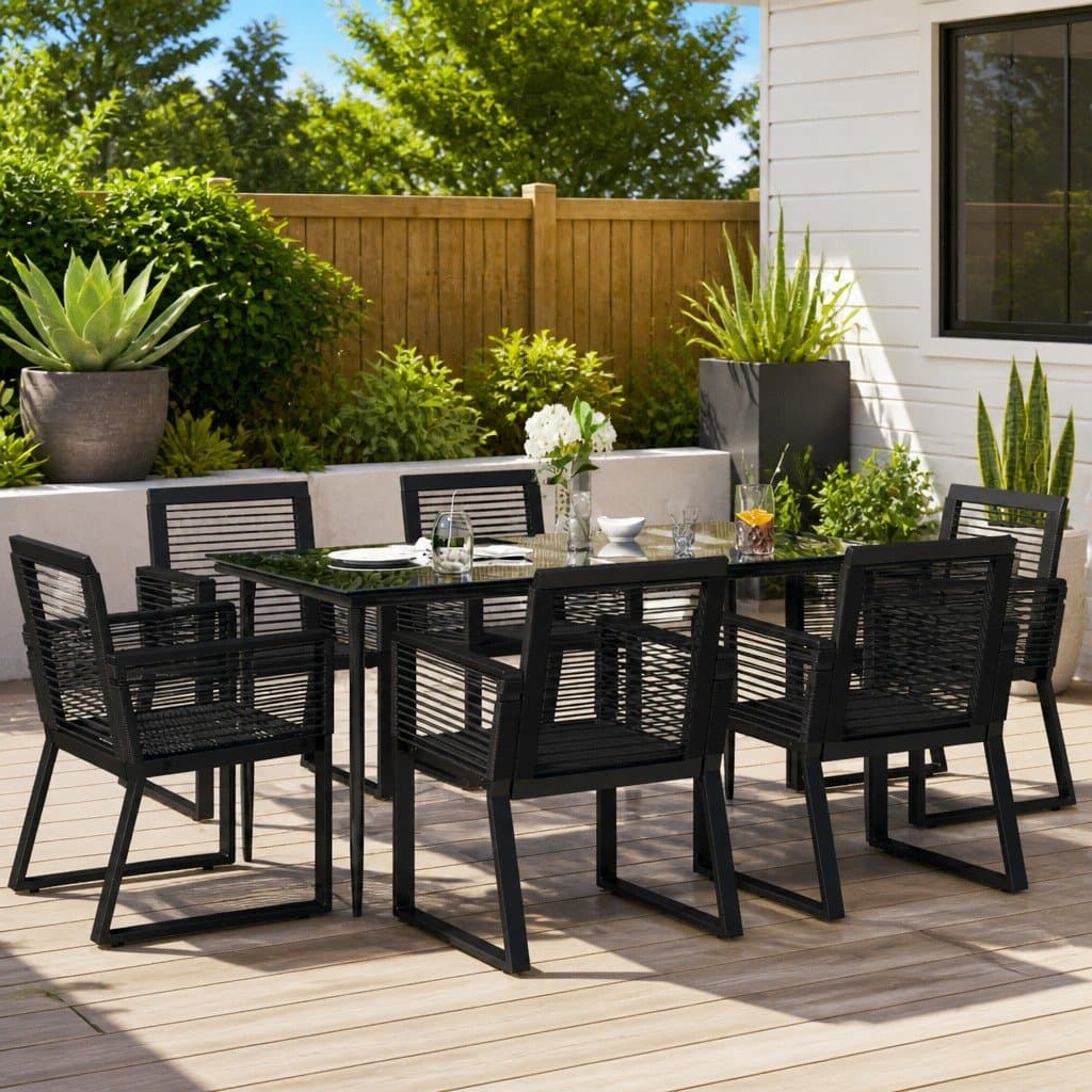 7 Piece Outdoor Dining Set with Black Rattan