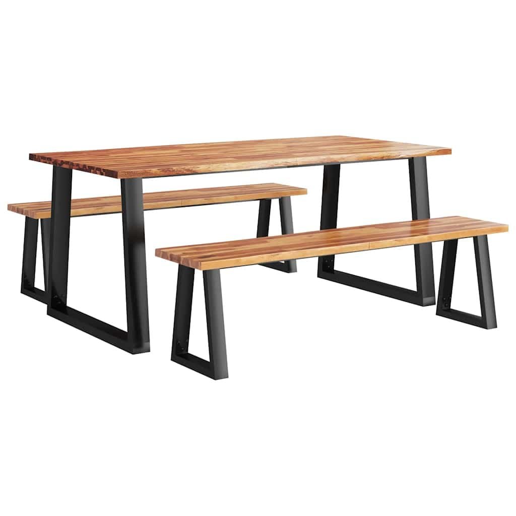 Dining Set 3 Piece Kitchen Table Bench Live Edge Solid Wood Brown