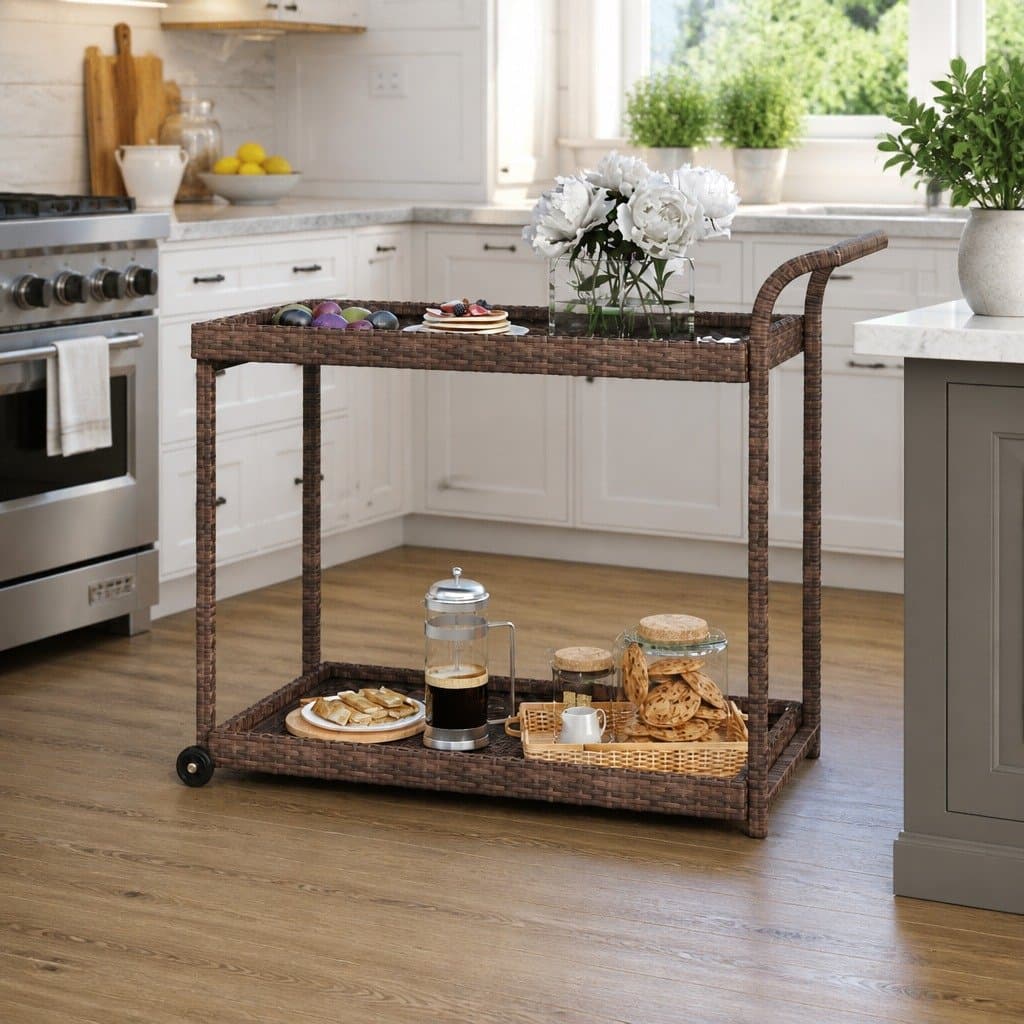 Brown Poly Rattan Bar Cart with Durable Steel Frame