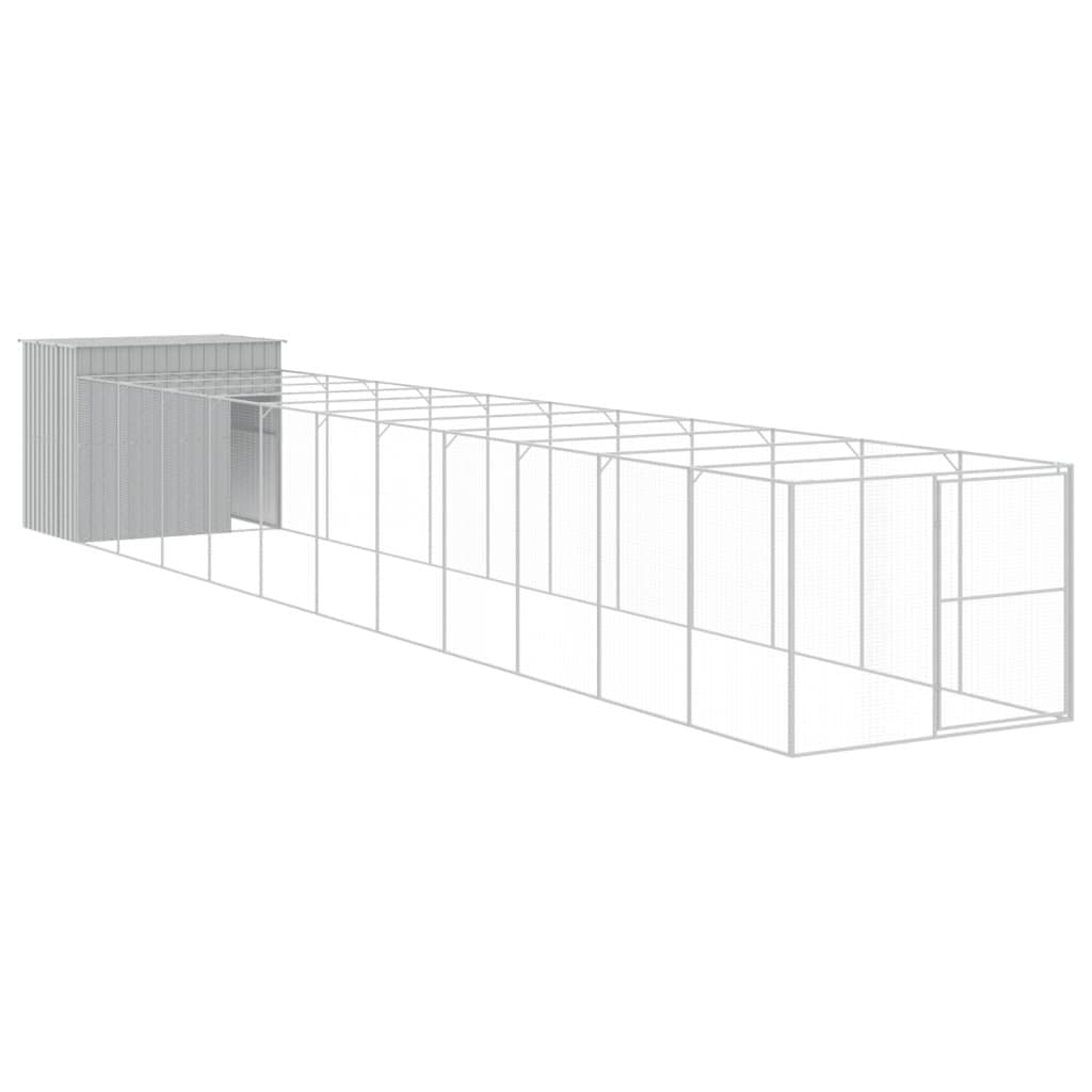 Dog House with Run Grey Galvanised Steel Pet Kennel Outdoor Shelter Cage