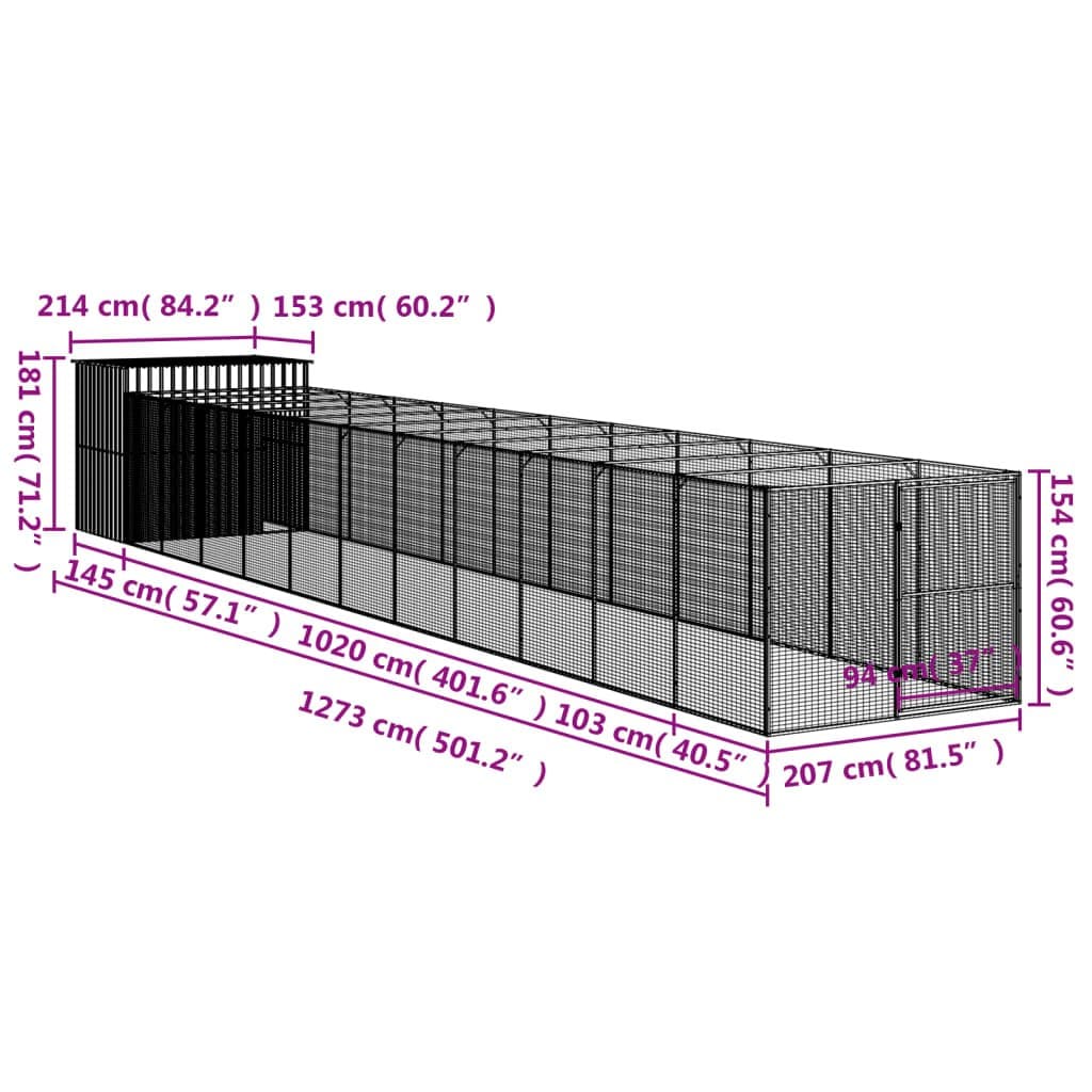 Dog House with Run Grey Galvanised Steel Pet Kennel Outdoor Shelter Cage