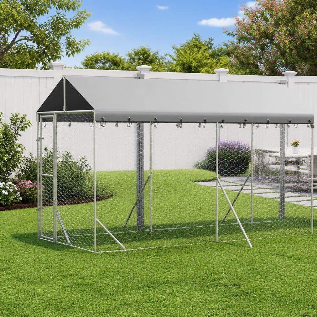 Outdoor Dog Kennel with Roof Galvanised Steel Silver Large Pet Run Enclosure