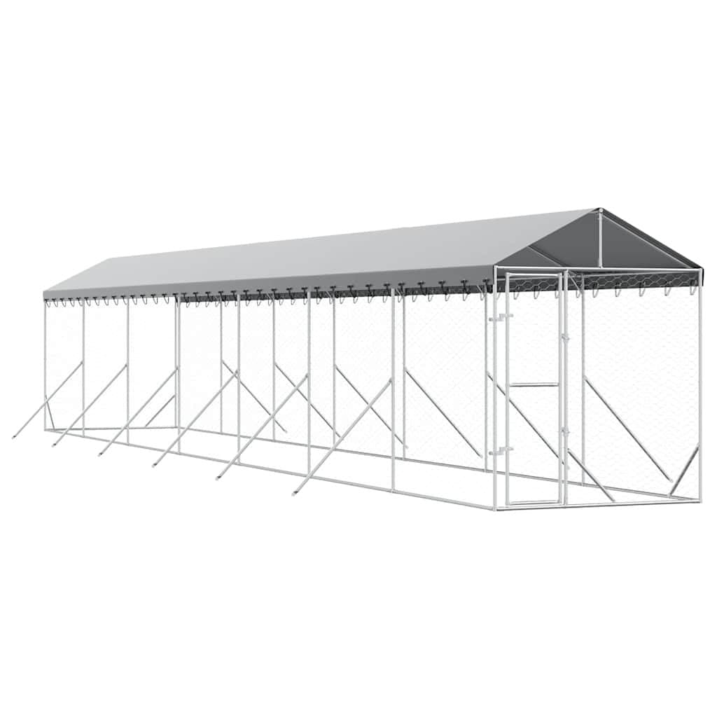 Outdoor Dog Kennel with Roof Galvanised Steel Silver Large Pet Run Enclosure