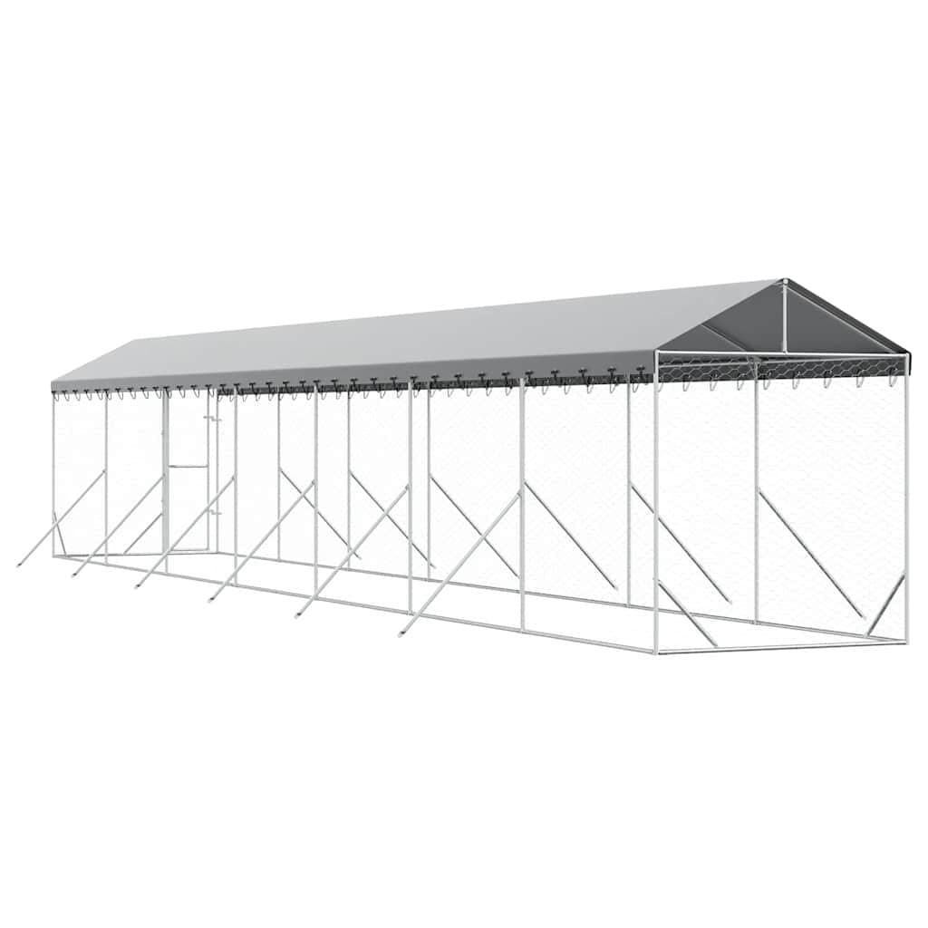 Outdoor Dog Kennel with Roof Galvanised Steel Silver Large Pet Run Enclosure