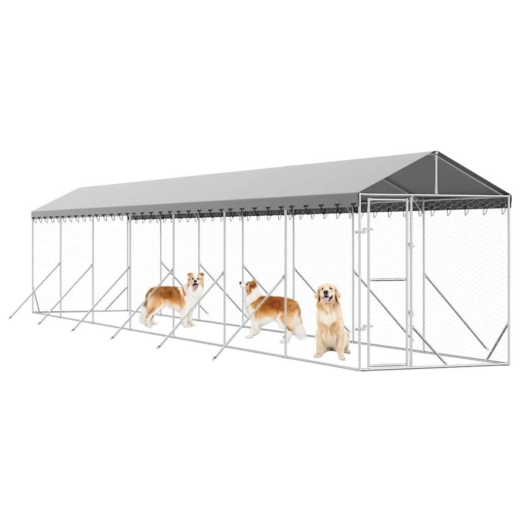 Outdoor Dog Kennel with Roof Galvanised Steel Silver Large Pet Run Enclosure
