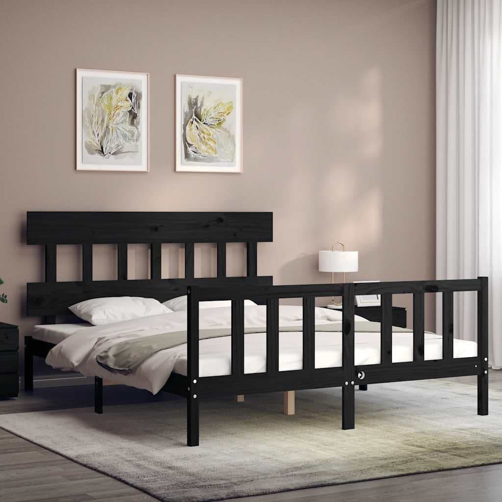 Solid Pine Wood Black Bed Frame 150x200 cm with Headboard