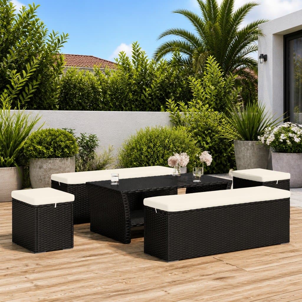 Black Outdoor Ottomans with Cushions 40x30x40 cm