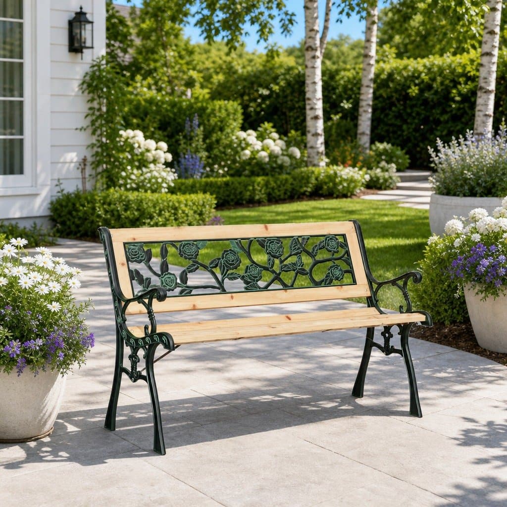 Brown Wooden Garden Bench with Weather-Resistant Cushion