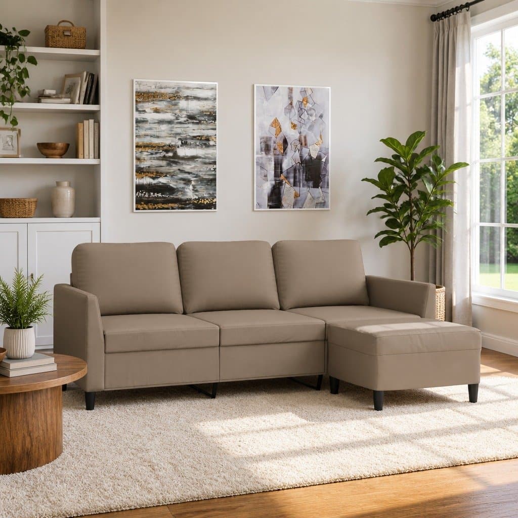 3-Seater Sofa with Footstool in Brown Faux Leather