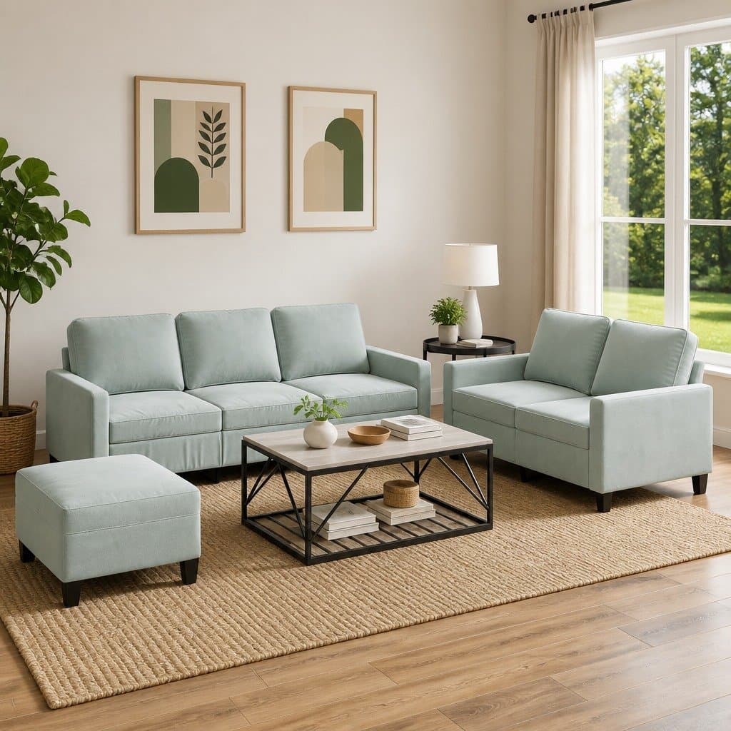 Grey Velvet 3 Piece Sofa Set with Footstool for Living Rooms