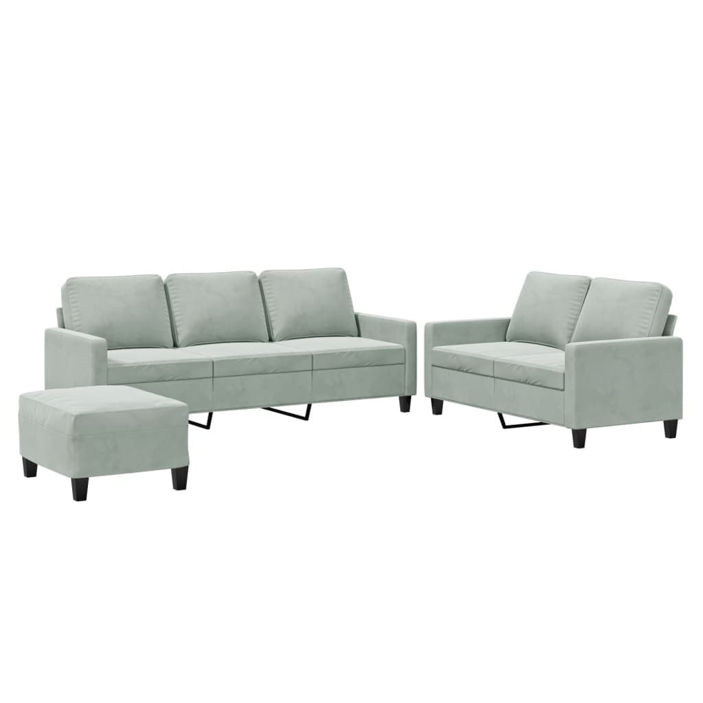 Grey Velvet 3 Piece Sofa Set with Footstool for Living Rooms