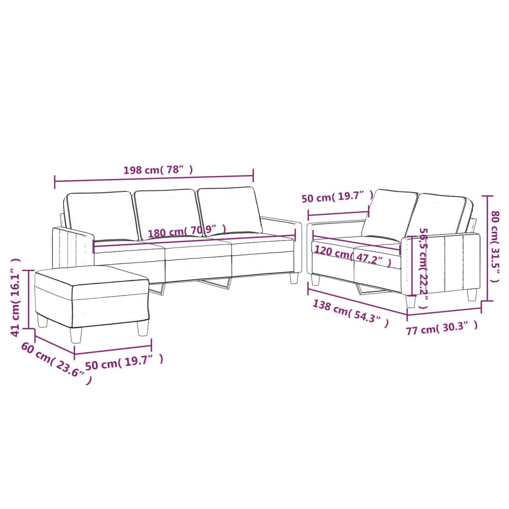 Grey Velvet 3 Piece Sofa Set with Footstool for Living Rooms