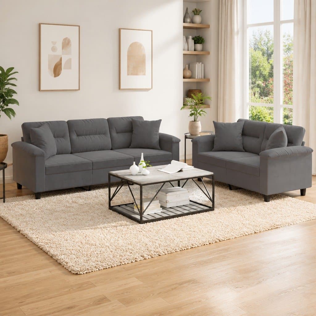 2 Piece Grey Microfibre Sofa Set with Pillows