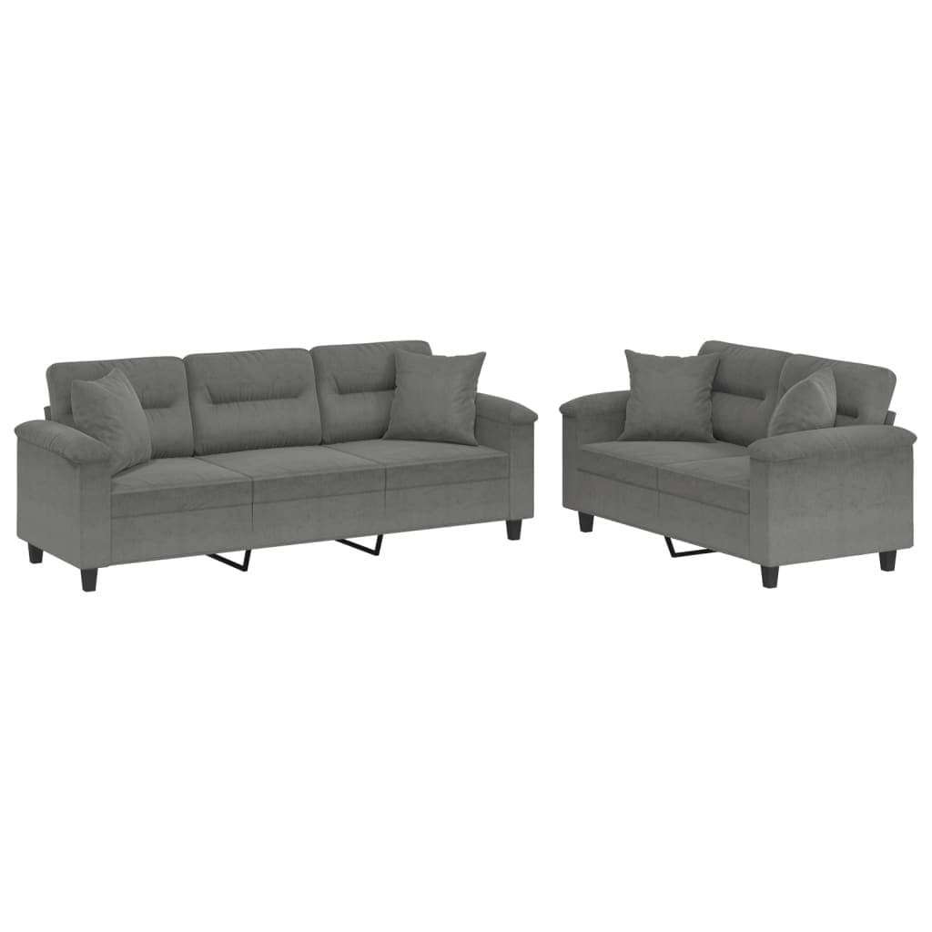 2 Piece Grey Microfibre Sofa Set with Pillows