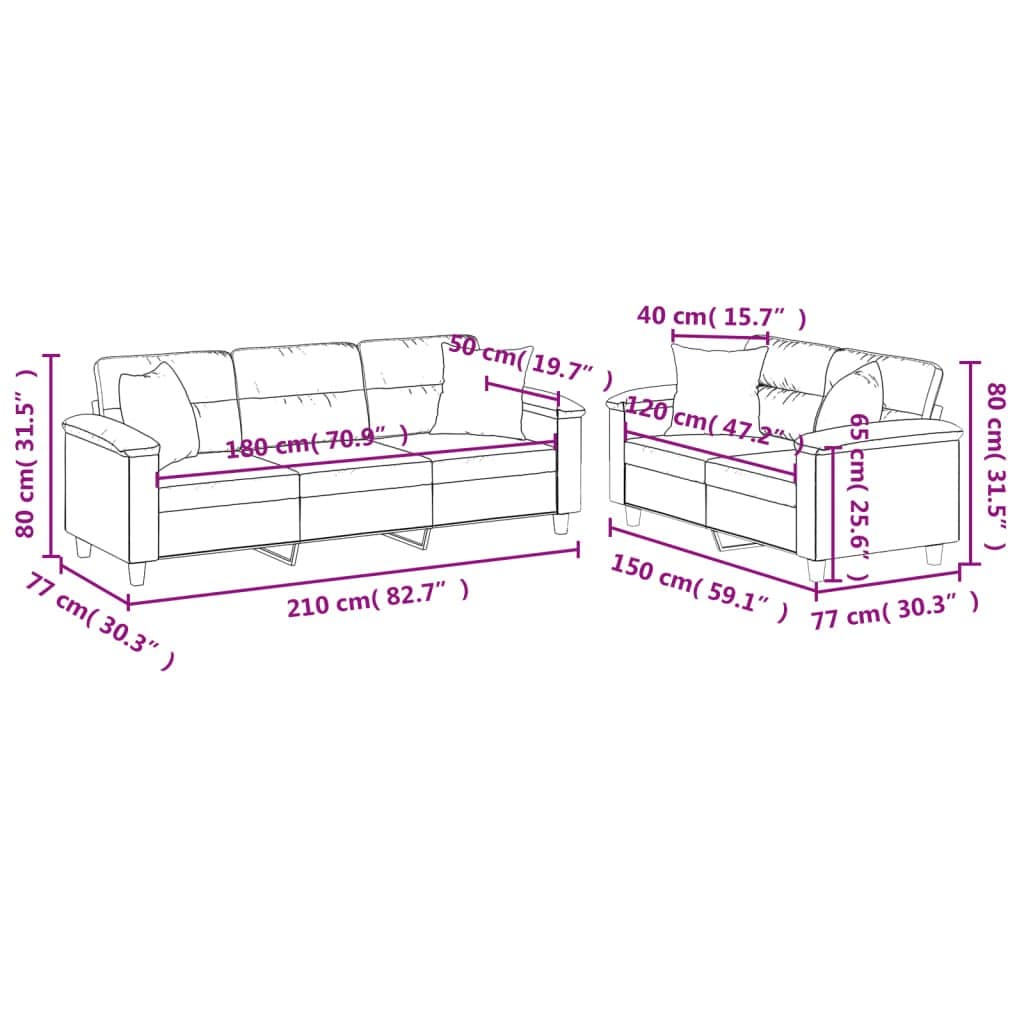 2 Piece Grey Microfibre Sofa Set with Pillows