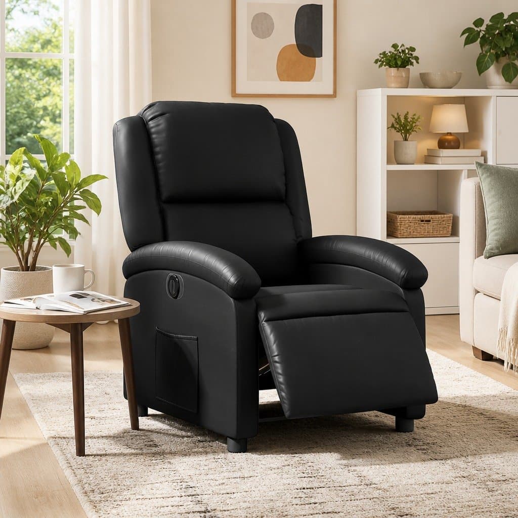 Electric Recliner Armchair in Black Faux Leather with Remote