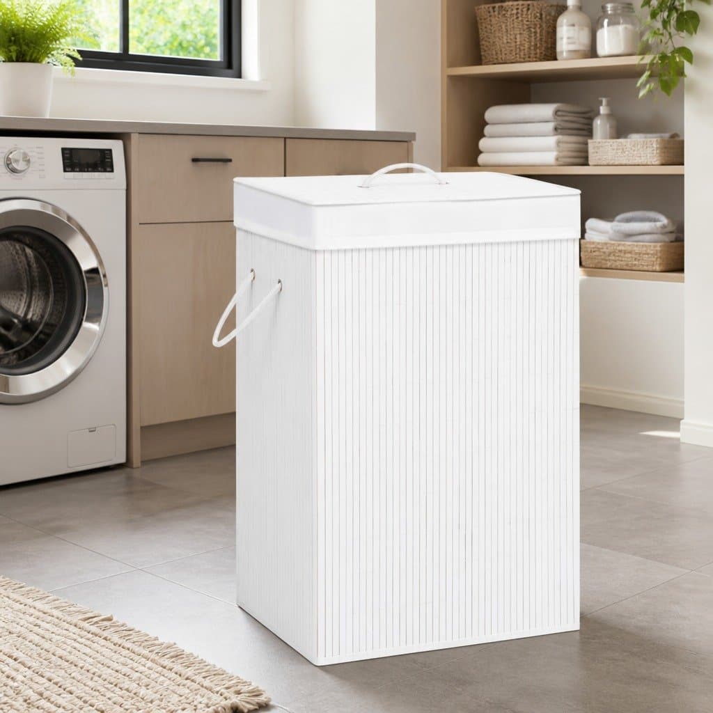 White Bamboo Laundry Basket with Two Sections