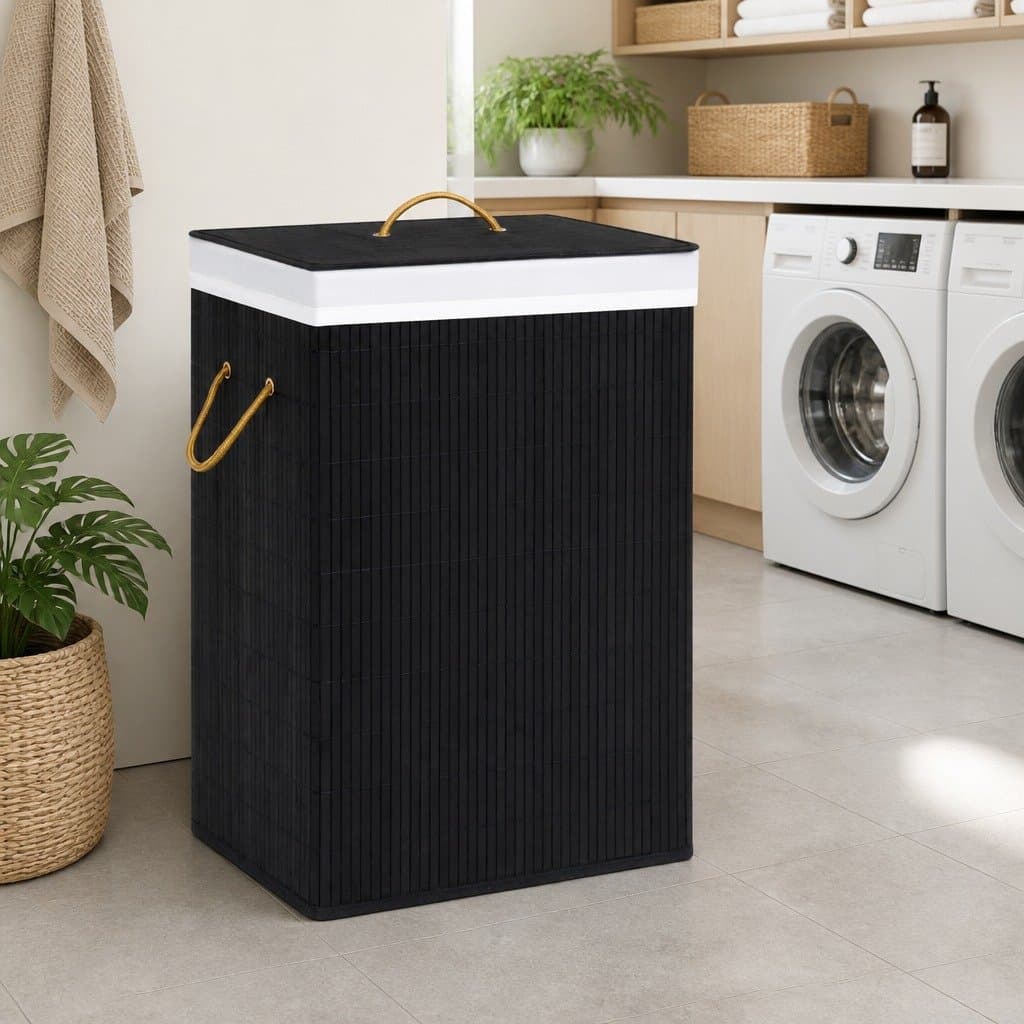 Black Bamboo Laundry Basket with Woven Liner