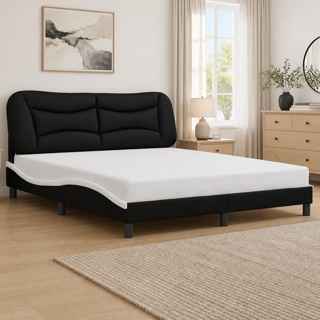 Queen Bed Frame with Black and White Faux Leather Headboard