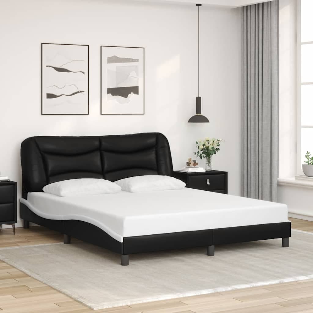 Queen Bed Frame with Black and White Faux Leather Headboard