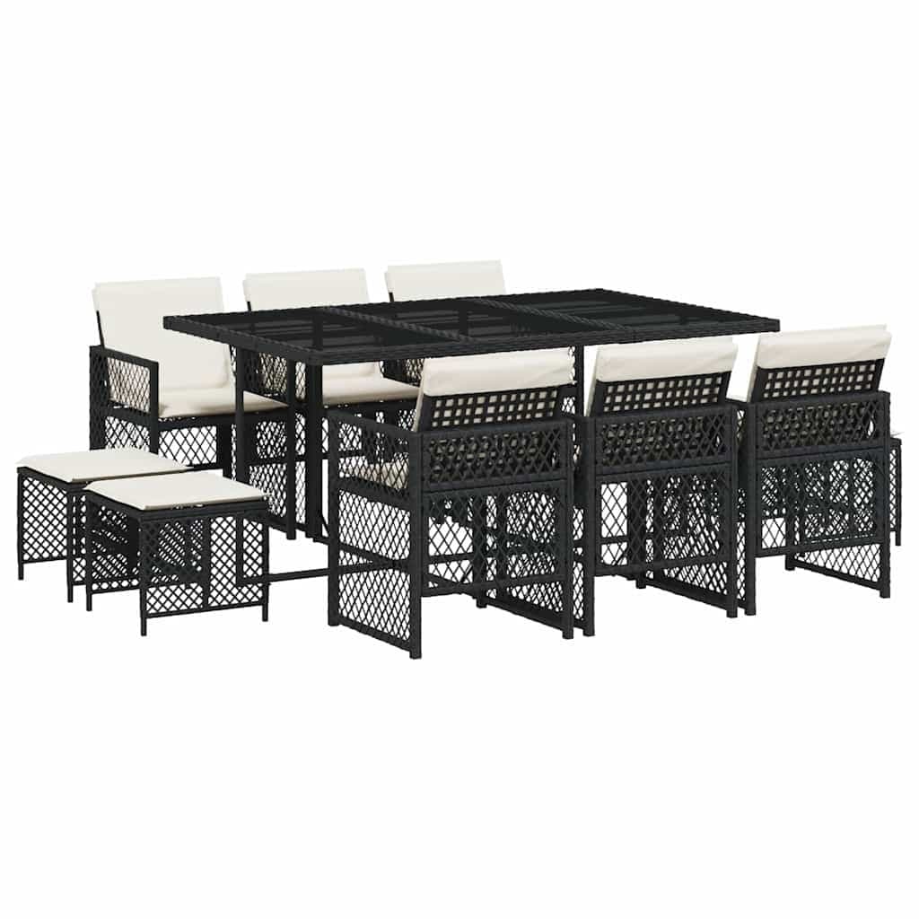 Garden Dining Set 11 Piece Outdoor Furniture with Cushions Black Poly Rattan