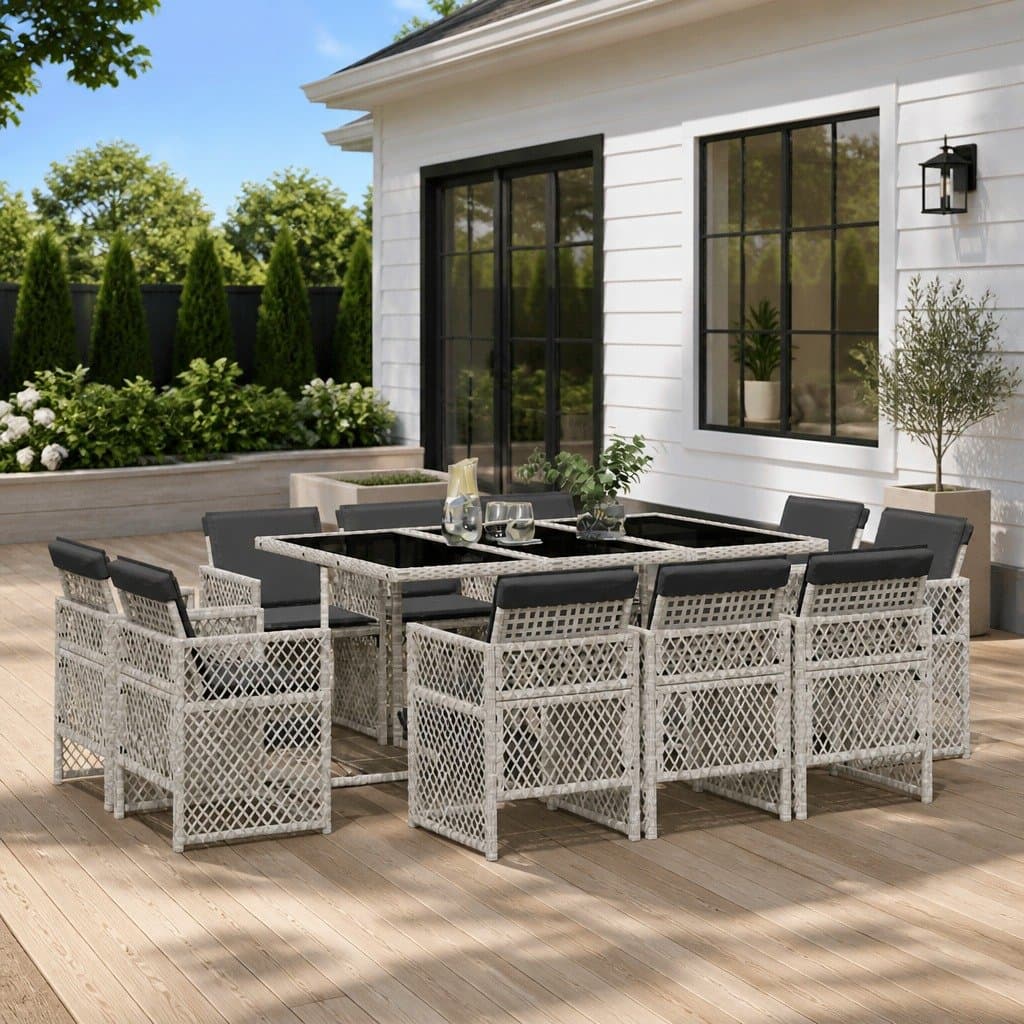 11-Piece Grey Poly Rattan Outdoor Dining Set