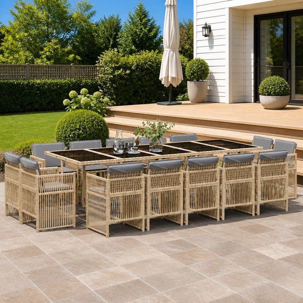 15 Piece Garden Dining Set with Beige PE Rattan