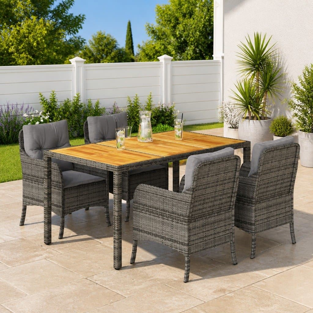 5 Piece Grey Poly Rattan Outdoor Dining Set with Cushions