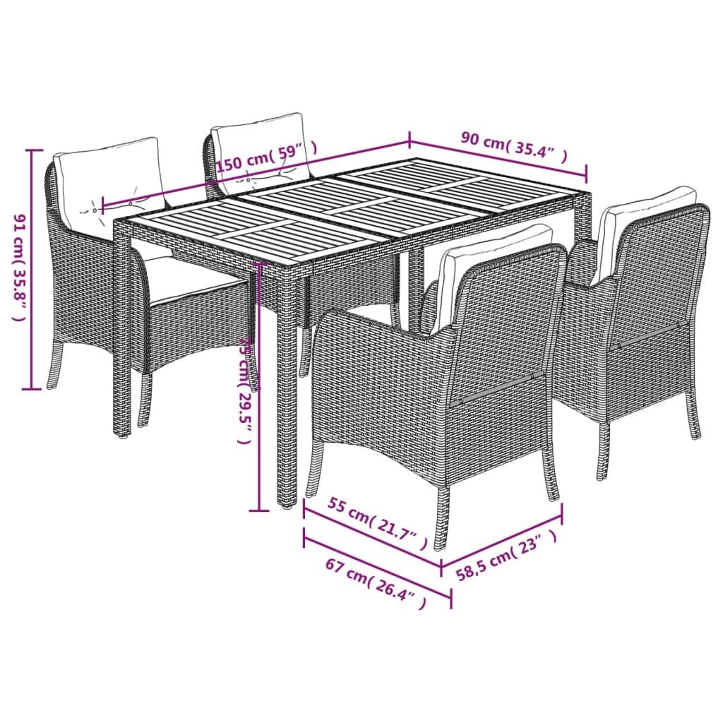 5 Piece Grey Poly Rattan Outdoor Dining Set with Cushions