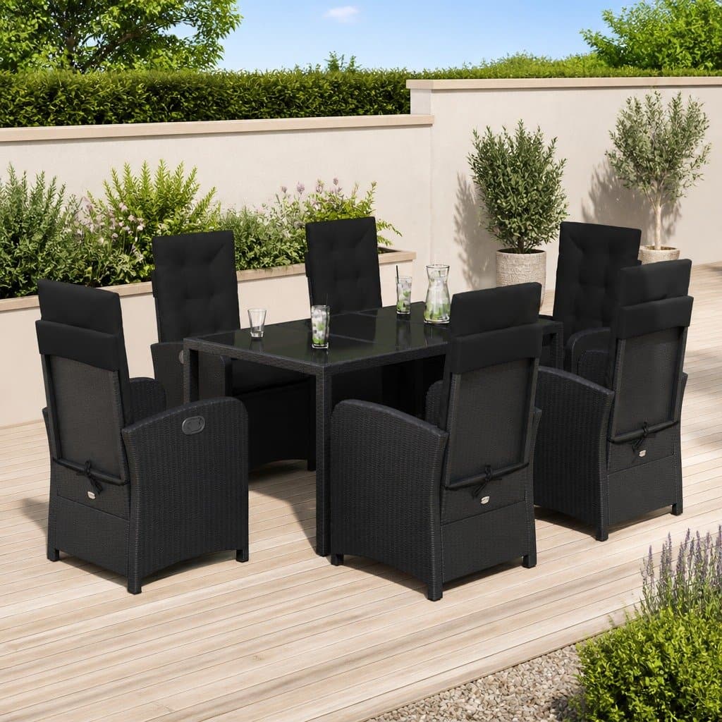 Outdoor Dining Set 7 Piece Garden Furniture Black Poly Rattan with Cushions