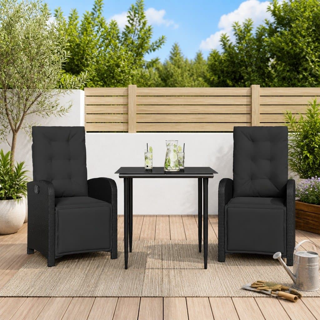 3-Piece Outdoor Bistro Set with Cushions in Black