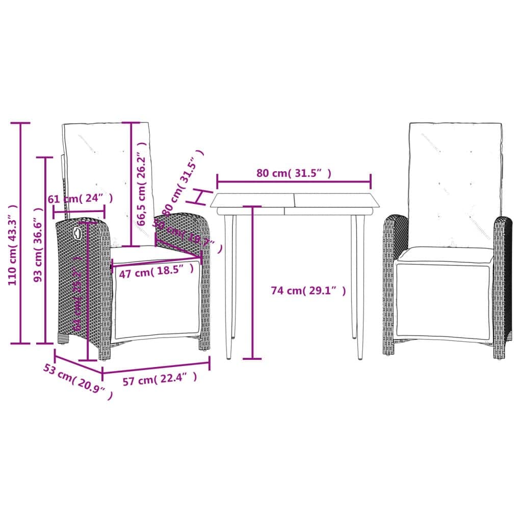 3-Piece Outdoor Bistro Set with Cushions in Black