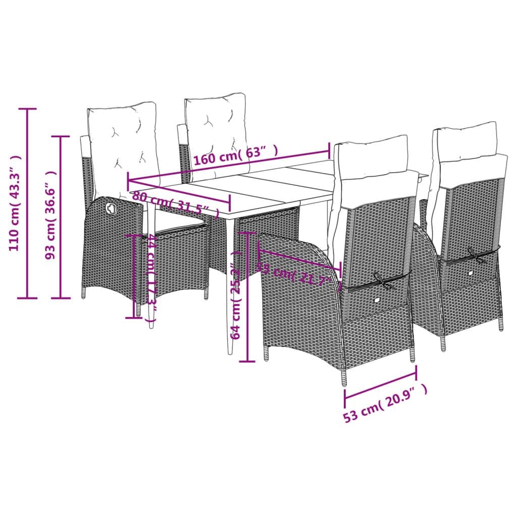 5 Piece Black Poly Rattan Garden Dining Set