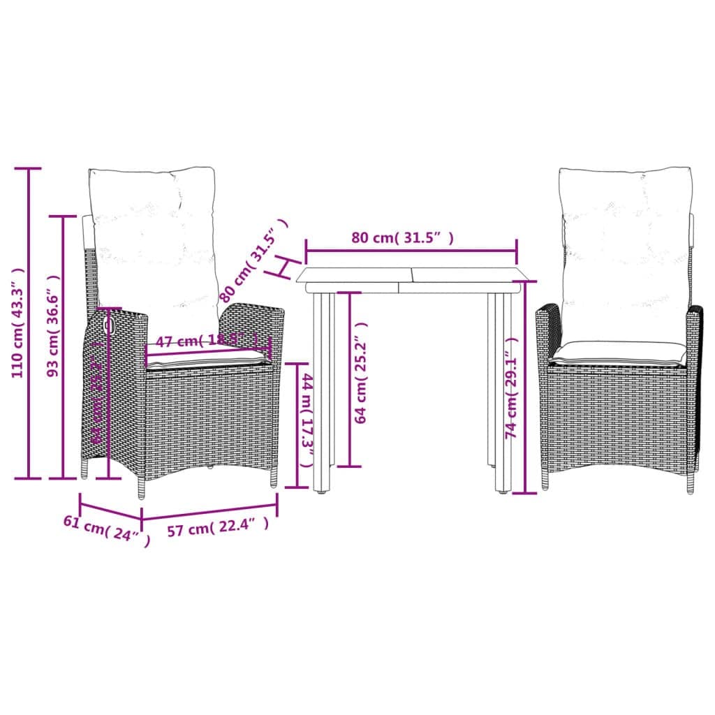 3 Piece Black Poly Rattan Outdoor Dining Set