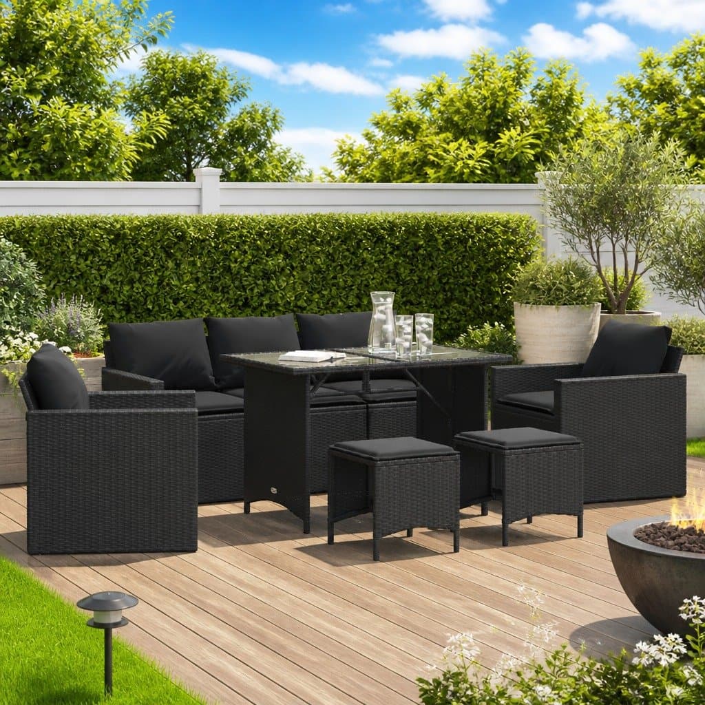 6-Piece Black Poly Rattan Garden Sofa Set with Cushions