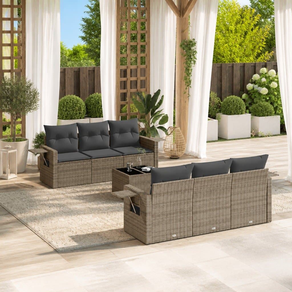 7 Piece Outdoor Rattan Sofa Set with Grey Cushions