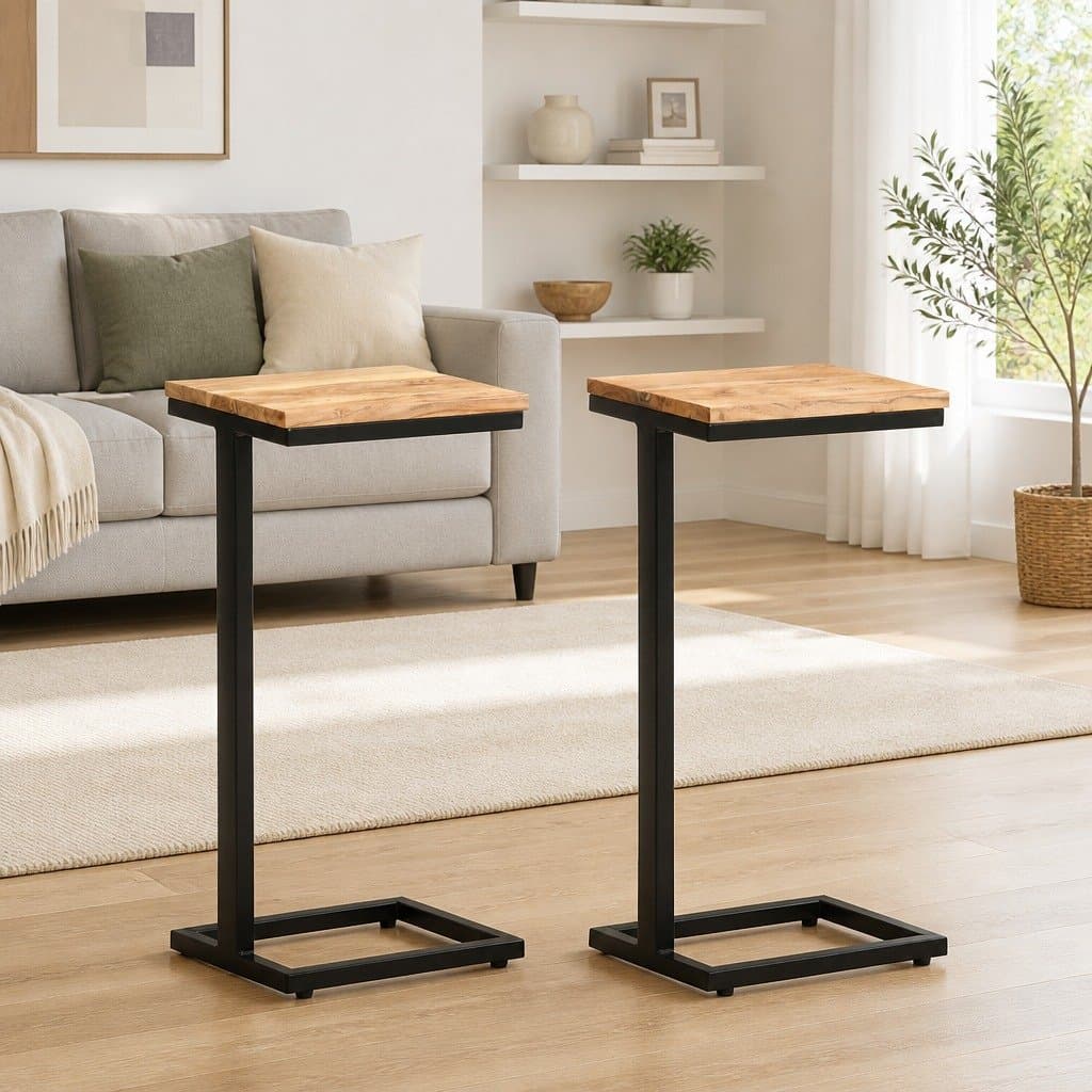 Solid Wood End Table with Sturdy Iron Legs
