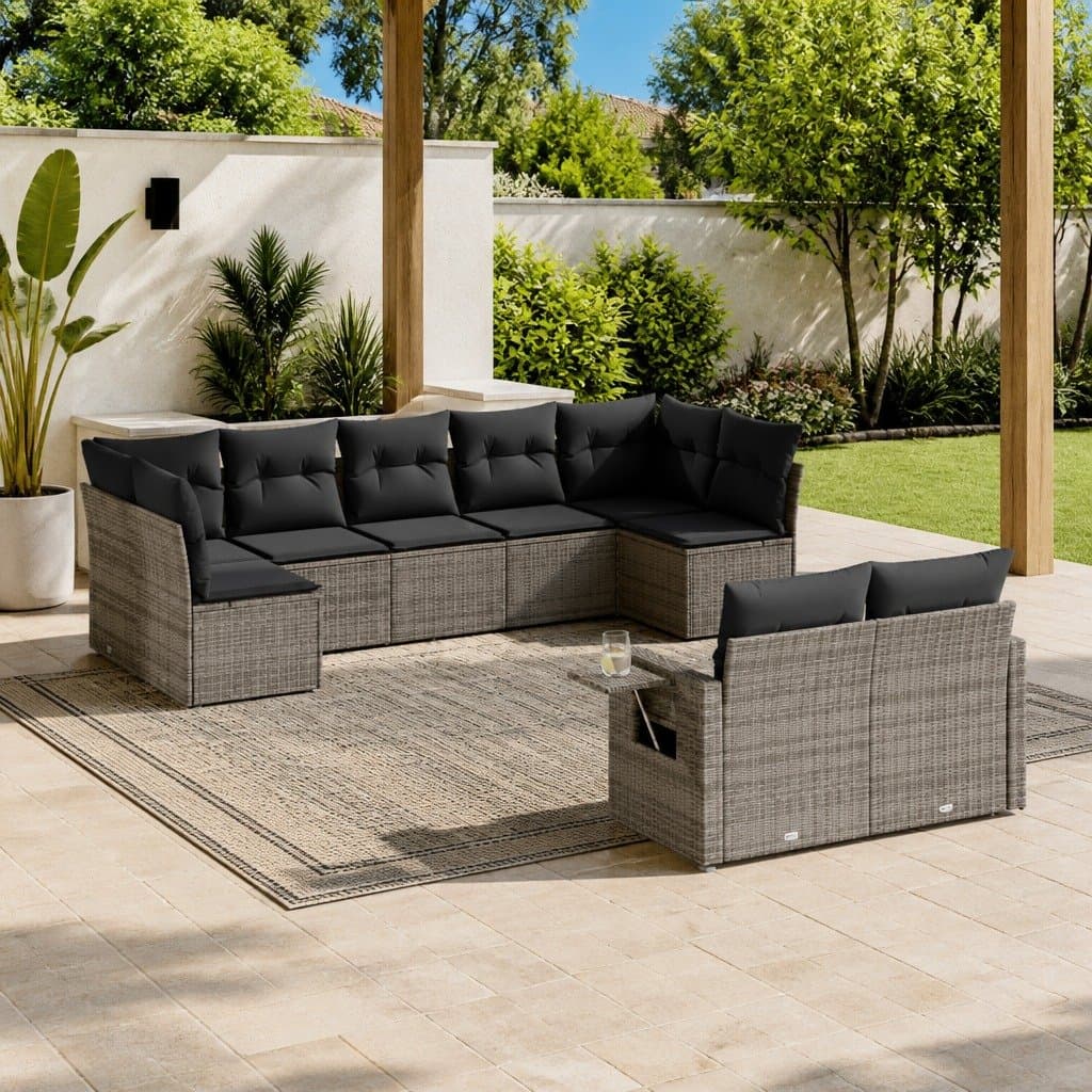 9 Piece Grey Poly Rattan Garden Sofa Set for Outdoors