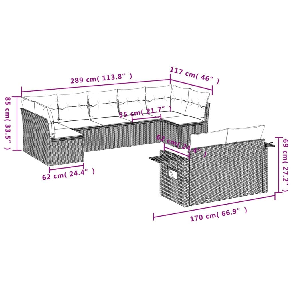9 Piece Grey Poly Rattan Garden Sofa Set for Outdoors